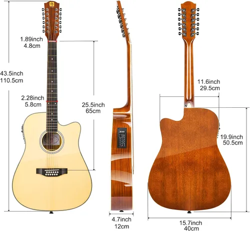 Miniatura 7 de Vangoa Guitarra acústica de 12 cuerdas, guitarra de tamaño completo de 42 pulgadas, 12 cuerdas, parte superior de abeto, cuerpo de sapele