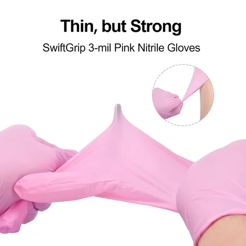 Miniatura 9 de SwiftGrip Guantes industriales desechables de nitrilo rosa, de 3 mil, sin látex, para limpieza y esteticista, sin goma, sin polvo, estuche de 1000