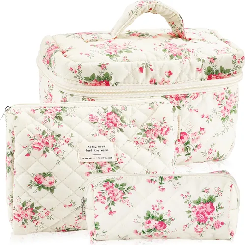 Miniatura 13 de URSKYTOUS Juego de 3 Bolsas de Maquillaje Acolchadas, Set de Bolsas de Cosméticos con Lazo para Viaje, Bolsa Grande de Maquillaje para Mujeres