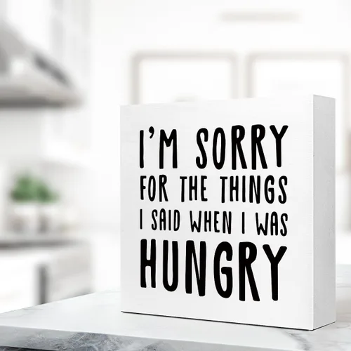 Miniatura 5 de LVQHI Letrero rústico con texto en inglés "I Sorry for the Things I Said When I Was Hungry", divertidos letreros de madera de cocina, caja de madera