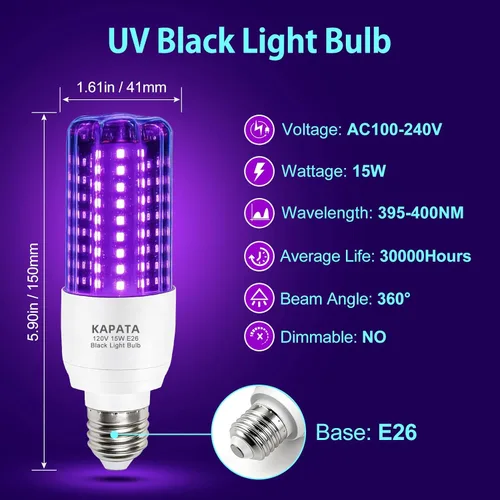 Miniatura 2 de Kapata Bombilla LED UV negra de 15 W, ahorro de energía, luces negras UV, nivel UVA 395-400 nm, brilla en la oscuridad, equivalente a luz