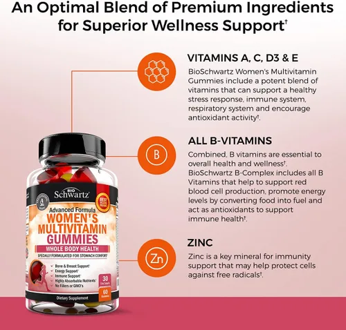 Miniatura 3 de Gomitas multivitamínicas para mujer con vitamina A, C, B6, B12, vitaminas D y E para apoyo inmunológico, multivitamínico gomoso para mujeres