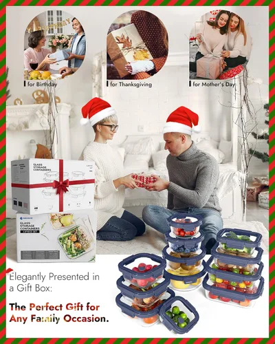 Miniatura 7 de Paquete de 12 recipientes de vidrio con tapas templadas, borosilicato, aptos para horno (-4 °F ~ 950 °F), herméticos, sin BPA, varios tamaños