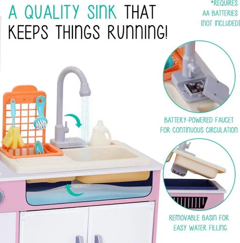 Miniatura 4 de Lil' Jumbl Cocina de madera para niños con fregadero de agua corriente real, juego de cocina interactivo con microondas, estufa, luces y sonidos Rosa