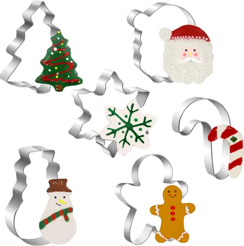Juego de cortadores de galletas de Navidad, 6 piezas grandes de cortadores de galletas navideñas – árbol de Navidad, muñeco de nieve, hombre de