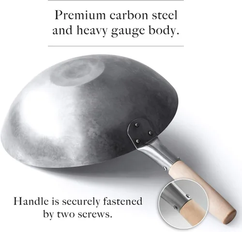 Miniatura 2 de Sartén wok de acero al carbono de fondo plano, auténticos woks martillados a mano y sartenes para freír - Wok Pow Wok de 14 pulgadas