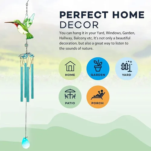 Miniatura 4 de Campanas de viento de colibrí verde, campanillas de viento para exteriores, campanillas románticas móviles pintadas de vidrio de 26 pulgadas, patio