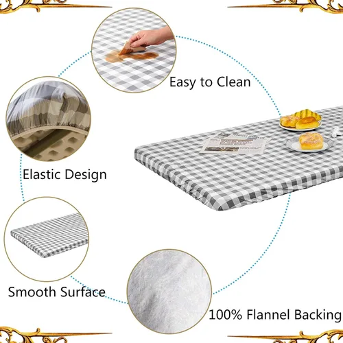 Miniatura 4 de Zhenrui Mantel rectangular elástico ajustable de 6 pies, impermeable, a prueba de derrames, de vinilo, estampado a cuadros grises con franela