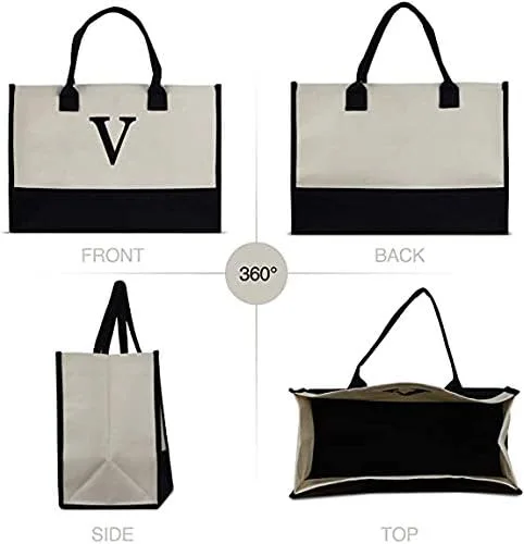 Miniatura 7 de Personalized Gift Monogram Initial 100% Cotton Two Tone Chic Tote Bag with Customize Option - Black