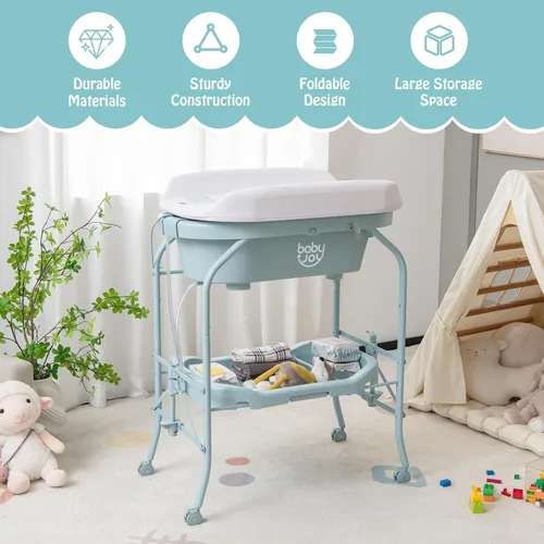Miniatura 9 de BABY JOY Bañera para bebé con cambiador, estación plegable para cambiar pañales con bandeja de almacenamiento, almohadilla impermeable, organizador