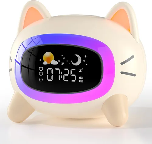 ANALOI Reloj despertador para niños, reloj despertador Ok to Wake para niños, reloj de luz nocturna para dormitorio, reloj despertador para gatos