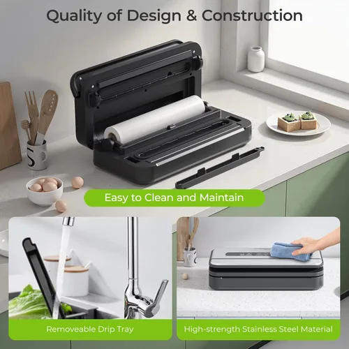 Miniatura 6 de Sellador al vacío, máquina selladora al vacío de alimentos de 90 Kpa con cortador integrado y almacenamiento de bolsas, conservación de alimentos