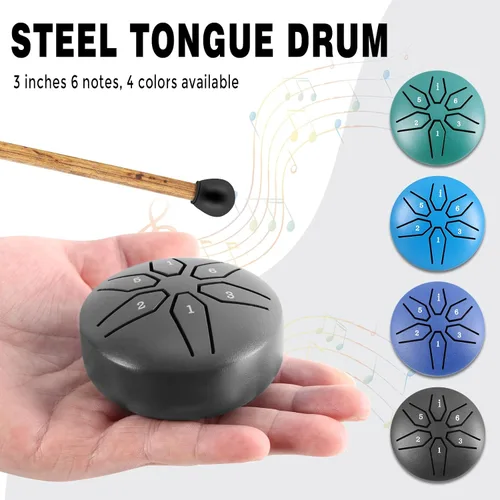 Miniatura 2 de EASTROCK Mini Tambor de Lengua de Acero para Niños de 3 Pulgadas, 6 Notas, Tambor de Acero Handpan, Clave de Do con Mazos, Libro de Música (Negro)