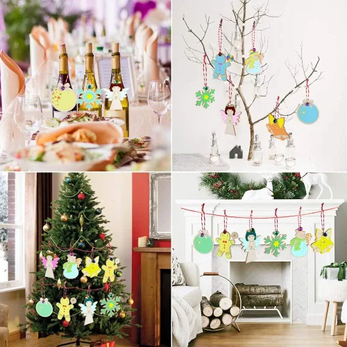 Miniatura 6 de OurWarm 48 adornos de Navidad de madera, 6 estilos de adornos de rebanadas de madera sin terminar, juego de adornos de Navidad con campanas