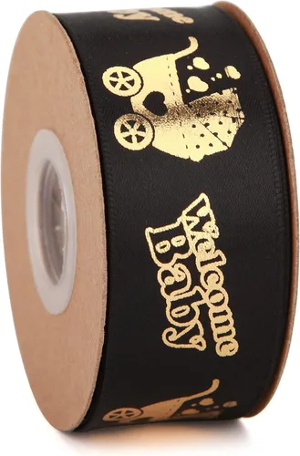 Miniatura 4 de Meseey 2 rollos en total de 20 yardas de cinta de bienvenida para bebé, cintas negras y doradas con estampado de pies para manualidades, pasteles