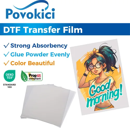 Miniatura 2 de POVOKICI Película de transferencia DTF A4 (8.27 x 11.7 pulgadas), 100 hojas de doble cara mate transparente pretratamiento, papel de transferencia