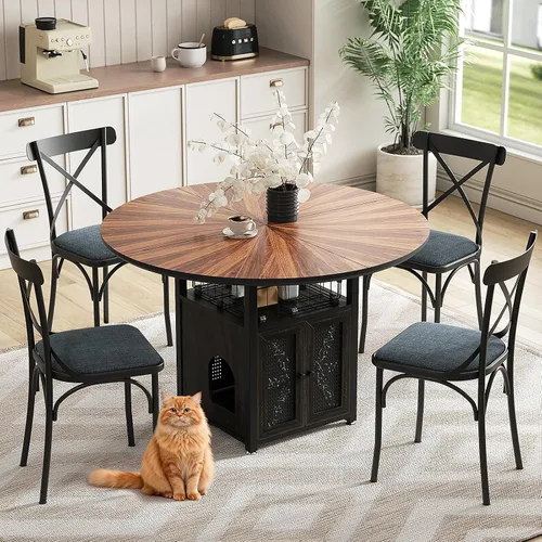 Miniatura 12 de Juego de mesa de comedor redonda de 47 pulgadas para 4-6 personas, juego de mesa de comedor grande de cocina estilo granja con sillas y estante