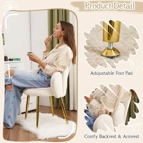 Miniatura 6 de VINGLI Silla de Maquillaje con Pétalos y Respaldo, Silla Linda de Terciopelo para Niñas, Silla de Escritorio Cómoda Sin Ruedas, Silla Moderna