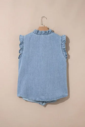 Miniatura 7 de Dokotoo Chaleco de mezclilla para mujer, casual, de verano, con botones, peplum, cuello en V, sin mangas, camisa de mezclilla