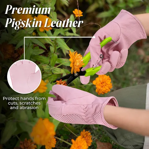 Miniatura 2 de HANDLANDY Work Gloves for Women, Breathable Leather Gardening Glove for Yard Maintenance, Hand Protection with Touch Screen Rosa claro