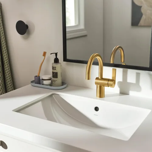 Miniatura 9 de Moen Cia 6221BG - Grifo de lavabo de baño con una sola manija con placa incluida, oro cepillado