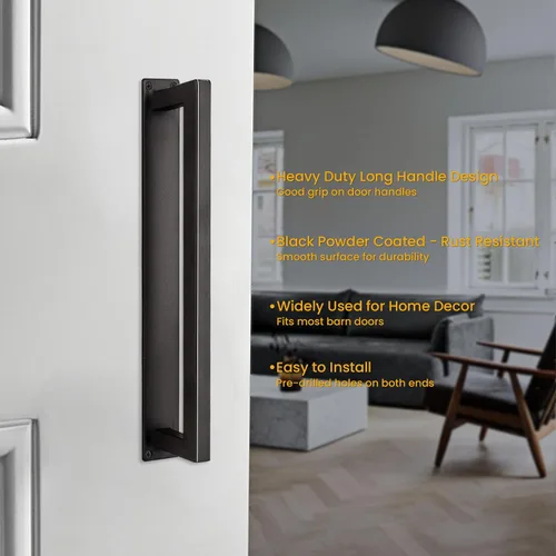 Miniatura 4 de Homode Manija de puerta estilo granero, mango rústico de 12 pulgadas, resistente, tirador de puerta cuadrada negro mate con base larga al ras