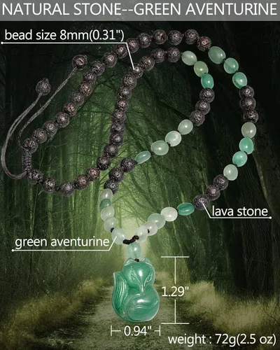 Miniatura 4 de Lightock Collares con colgante de zorro de jade de aventurina verde para mujer, cuerda trenzada de piedra de lava, difusores de aceite esencial