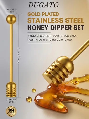 Miniatura 3 de DUGATO Gold Honey Dipper Set (2 unidades, 6.3 pulgadas) – Palitos de panal de acero inoxidable 304 para tarro de miel, rociador de jarabe, agitador