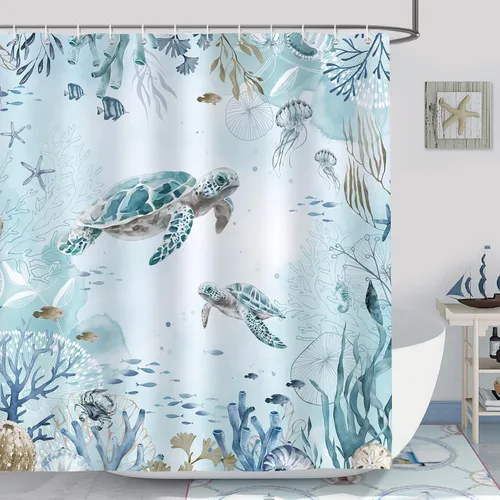 Bonhause - Cortina de ducha de tortuga marina para baño, azul teja, océano, playa, decorativa, cortina de baño costera de 1.83 x 1.98 m, tela de