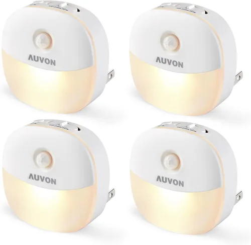 AUVON Luz nocturna enchufable con sensor de movimiento y sensor de atardecer a amanecer, mini luz nocturna LED blanca cálida con brillo ajustable de