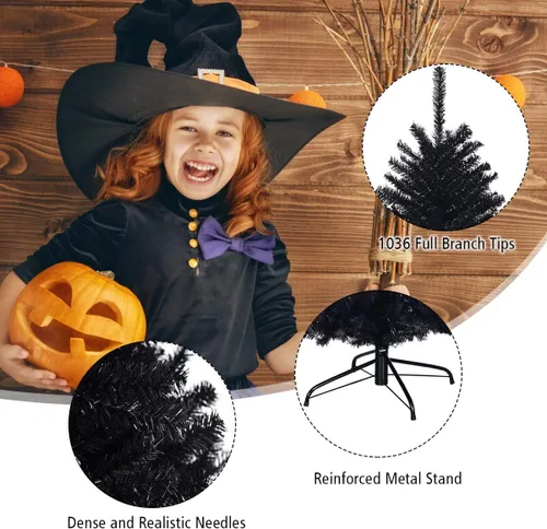 Miniatura 6 de Goplus Árbol de Navidad negro sin luz de 7.5 pies, árbol de Halloween artificial con 1258 puntas de rama, soporte de metal, árbol completo