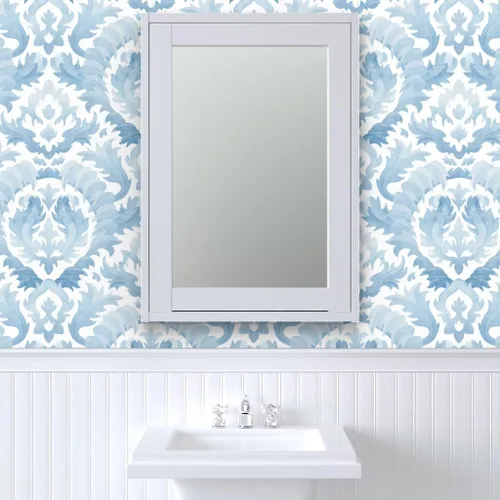 Miniatura 9 de Muestro de papel tapiz extraíble – Acuarela Damasco Botánico Floral Azul Claro Monocromo Clásico Barroco Hoja de Acanto Papel pintado personalizado