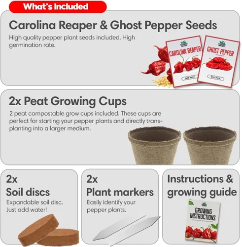 Miniatura 2 de Carolina Reaper Ghost Pepper - Kit de cultivo todo en uno - Semillas de la segadora de Bhut Jolokia, crece los pimientos más calientes, kit