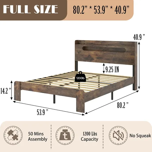 Miniatura 2 de Marco de cama tamaño completo de madera, cabecero con almacenamiento y estación de carga y luces LED, estructura robusta de granja rústica, fácil