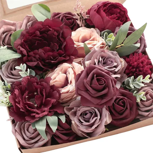 Miniatura 34 de Floroom - Flores artificiales de aspecto real en color lila, lavanda, púrpura y crema, rosas falsas, dalias y vegetación en conjunto de caja