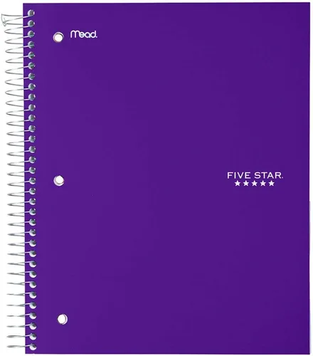 Five Star Cuaderno de espiral + aplicación de estudio, 5 materias, papel a rayas anchas, 8 x 10-1/2 pulgadas, 200 hojas, lucha contra el sangrado de