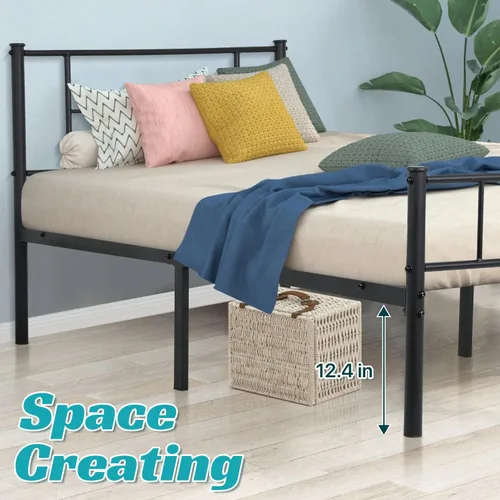 Miniatura 6 de Dkelincs Base de cama tamaño King con cabecero y tabla de pie, marco de cama de plataforma de metal de acero resistente, almacenamiento reservado