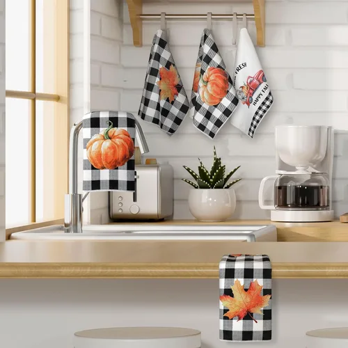 Miniatura 2 de Sratte 4 piezas de toallas de cocina de Acción de Gracias, toallas de mano de otoño 16 x 24 pulgadas, paño de cocina de calabaza, gnomo de otoño