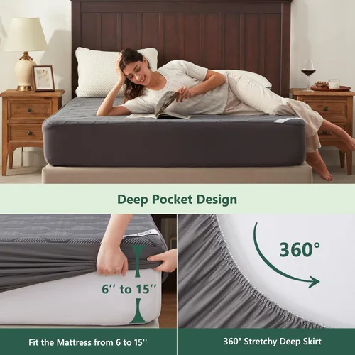 Miniatura 5 de Protector de colchón impermeable de 40% rayón derivado del bambú, cubrecolchón con tejido de aire 3D transpirable, con bolsillo profundo de 8 a 21