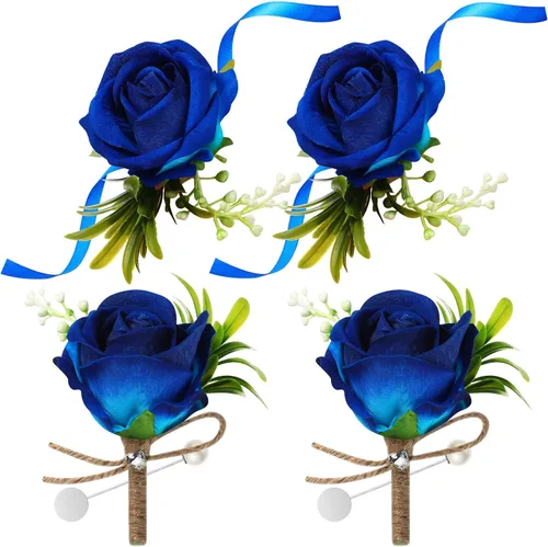 Aoriher Juego de 4 ramilletes y boutonniere para fiesta de boda, 2 pulseras de ramillete de rosas para baile de graduación, dama de honor, Azul