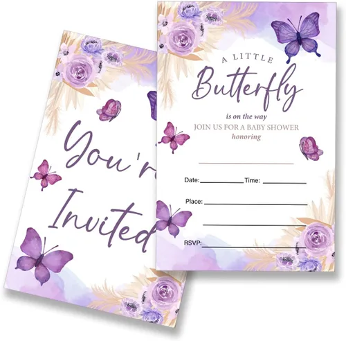 EUDOSI Juego de 20 invitaciones para baby shower de mariposa con sobres, una pequeña mariposa está en camino, tarjetas de invitación de baby shower,