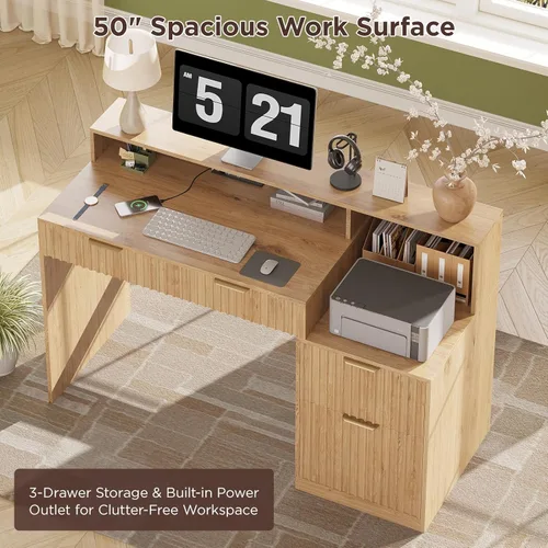 Miniatura 6 de Vabches Fluted Computer Desk with Power Outlets, Home Office Desk with Drawers, Printer Stand, Wood Computer Desk with Long Monitor Stand, Oak