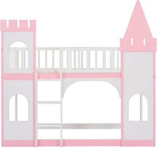 Miniatura 8 de DEINPPA Litera individual, marco de cama individual sobre individual, cama alta de madera con forma de castillo con escalera de barandilla