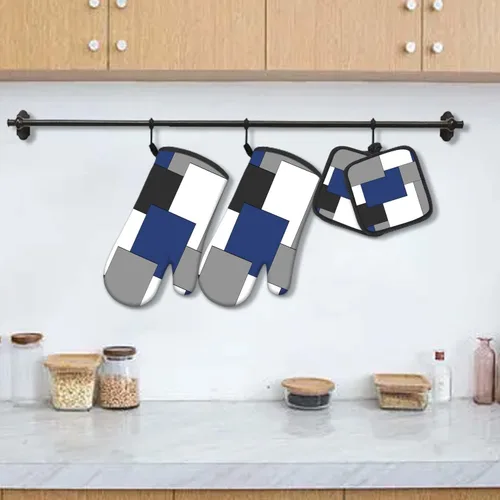 Miniatura 2 de MCALK Juego de 5 guantes de horno y soportes para ollas color azul marino, guantes de horno negros y almohadillas calientes para cocina de cocina