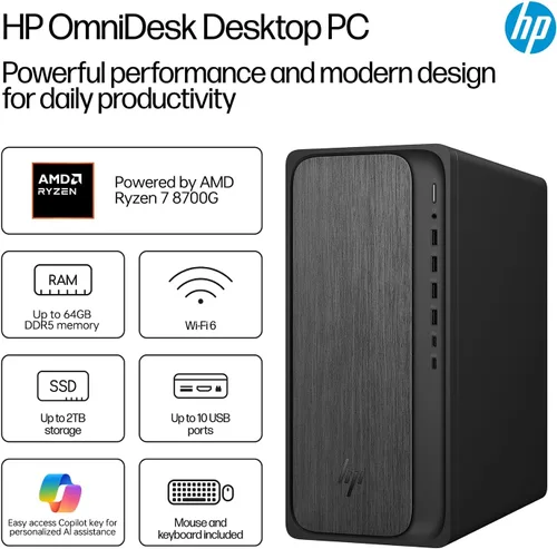Miniatura 5 de HP OmniDesk M02 Tower Desktop para uso doméstico y oficina, AMD Ryzen 7 8700G Rendimiento para productividad, 16 GB DDR5 RAM, 1 TB SSD, Windows 11