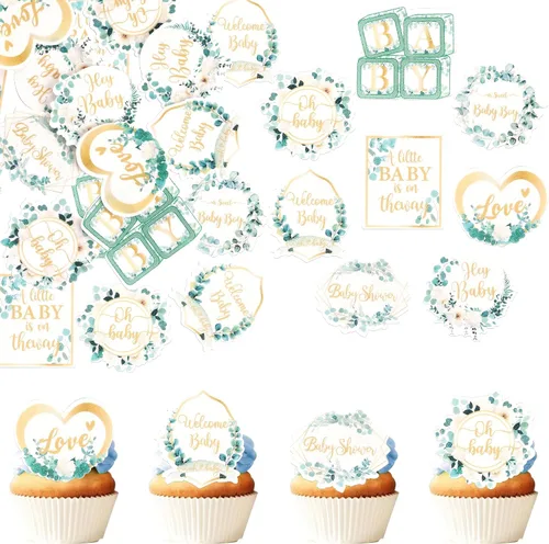 Miniatura 9 de Paquete de 24 adornos para cupcakes para niños o niñas, con purpurina rosa y azul, palillos para cupcakes de baby shower, corbatín, mameluco, mono