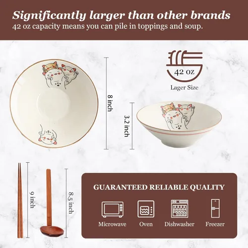 Miniatura 2 de NJCHARMS Juego de 2 cuencos de cerámica para ramen, cuencos de sopa de fideos japoneses de 42 onzas con cucharas y palillos para sopa de ramen