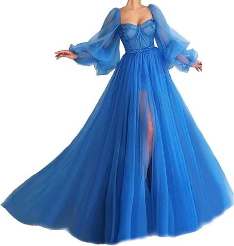 Tianzhihe Vestido de fiesta de tul vintage con mangas abullonadas con escote corazón dividido vestido largo de fiesta de noche