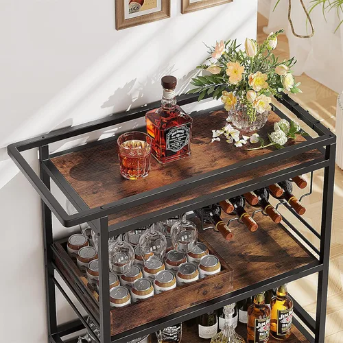 Miniatura 7 de Leteuke Carrito de Bar para el Hogar, Carro de Servicio con Ruedas de 3 Niveles en Negro, Carro de Bebidas, Soporte de Licores con Bandeja