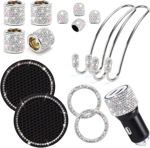 ToBeQueen Juego de accesorios de automóvil con brillos para mujer y niña, collares para reposacabezas de automóvil con brillos, cargador de
